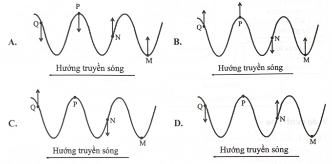 Trong các hình vẽ dưới đây, mũi tên biểu diễn hướng chuyển động của các phần tử M, N, P, Q trên một sợi dây đàn hồi khi có sóng truyền qua. Hình biểu diễn đúng là (ảnh 1)