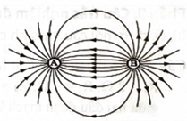 Hình bên mô tả các đường sức điện trường do hai điện tích điểm A và B (mang điện tích) gây ra. Chọn đáp án đúng về dấu của hai điện tích điểm đó (ảnh 1)