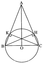 Cho tam giác ABC có AB = AC = 13 cm, BC = 10 cm và có BH, CK là hai đường cao. Chứng minh: a) Bốn điểm B, C, H, K cùng nằm trên đường tròn (O; R). b) Điểm A nằm ngoài đường tròn (O; R). (ảnh 1)