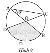 Cho đường tròn (O) đường kính AB = 3 cm, góc CAB = 30o (Hình 9).   a) Tính độ dài cung BmD. b) Tính diện tích hình quạt tròn OBmD. (ảnh 1)