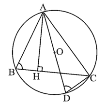 Cho tam giác ABC có đường cao AH (H ∈ BC) và nội tiếp đường tròn (O). Vẽ đường kính AD của đường tròn (O). Chứng minh AB.AC = AH.AD. (ảnh 1)