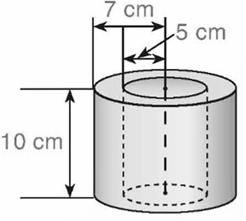 Một vòng bi bằng thép (phần thép giữa hai hình trụ) có hình dạng và kích thước như hình vẽ bên. Tính thể tích của vòng bi đó. (ảnh 1)