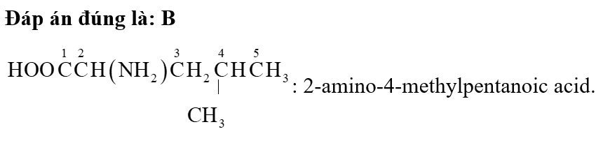 Leucine có công thức cấu tạo HOOCCH(NH2)CH2CH(CH3)2, là α-amino acid có khả năng điều hòa sự tổng hợp protein của cơ. Tên theo danh pháp thay thế của leucine là (ảnh 1)