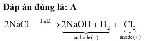 Khi điện phân dung dịch NaCl có màng ngăn, các chất được tạo ra ở anode (cực dương) và cathode (cực âm) lần lượt là  A . Cl2 và NaOH, H2. (ảnh 1)