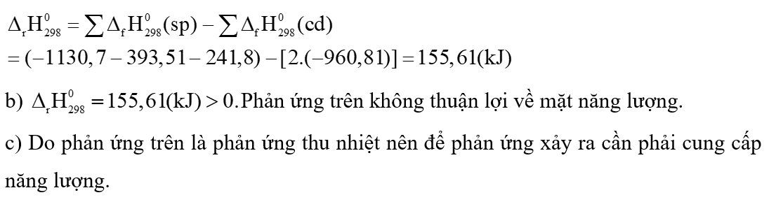 Giá trị biến  thiên tạo thành chuẩn  (kJ mol-1) của NaHCO3(s), Na2CO3(s), CO2(g) và H2O(g) lần lượt là -960,81; -1130,70; -393,51 và -241,8. (ảnh 2)