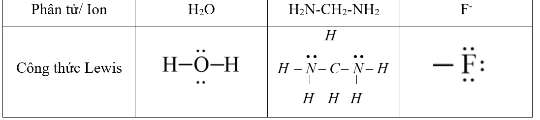 Xét phân tử H­2O, phân tử hydrazine H2N–CH2-NH2 và anion F- . Cho biết:   a) Mỗi phân tử hoặc anion trên có bao nhiêu cặp electron hoá trị riêng? (ảnh 1)