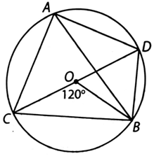 Cho các điểm A, B, C, D trên đường tròn (O) như hình bên. Biết rằng CD là đường kính của (O) và góc BOC = 120 độ hãy tính số đo các góc CAD và CDB. (ảnh 1)