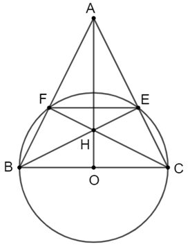 Cho tam giác nhọn ABC cân tại đỉnh A. Đường tròn đường kính BC cắt các cạnh AB, AC của tam giác ABC lần lượt tại F và E.  a) Cho BE cắt CF tại H. Chứng minh rằng AH vuông góc với BC. (ảnh 1)