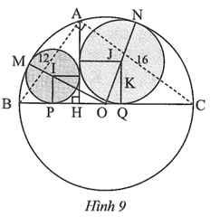 Trong Hình 9, cho biết AB = 12, AC = 16; đường tròn (I) tiếp xúc với AH, BC và đường tròn (O); đường tròn (J) tiếp xúc với AH, BC và đường tròn (O). (ảnh 1)