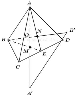 Cho hình tứ diện đều \[ABCD\] có độ dài các cạnh bằng 1. Gọi \(A',\,\,B',C',D'\) lần lượt là điểm đối xứng của \[A,\,\,B,\,\,C,\,\,D\] qua các mặt phẳng  (ảnh 1)