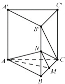 Cho lăng trụ đứng \(ABC.A'B'C'\) có \(ABC\) là tam giác vuông \(AB = BC = 1\,;{\rm{ AA'}} = \sqrt 2 ,\) \[M\] là trung điểm của \[BC.\] Khoảng cách giữa 2 đường thẳng \[AM\] và \(B'C\) là Đáp án: ………. (ảnh 1)