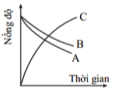 Đồ thị nào dưới đây biểu diễn đúng sự biến đổi nồng độ các chất theo thời gian của phản ứng A + 2B → C? (ảnh 3)