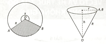 Cắt bỏ hình quạt AOB (hình phẳng có nét gạch trong hình dưới đây) từ một mảnh các tông hình tròn bán kính R rồi dán hai bán kính OA và OB (ảnh 1)