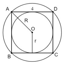 Cho hình vuông ABCD có cạnh bằng 4 cm. Tính chu vi, diện tích của các đường tròn nội tiếp và ngoại tiếp hình vuông ABCD. (ảnh 1)