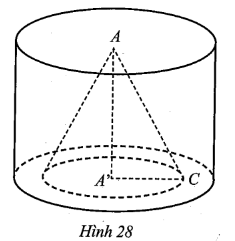Từ một khối gỗ hình trụ (T) với hai đường tròn đáy là (A; R), (A’; R) và đường cao AA’ = h, người ta khoét đi một khối hình nón (N) có bán kính đường tròn đáy (ảnh 1)