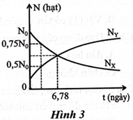 Hạt nhân X phóng xạ a để tạo thành hạt nhân bền Y. Người ta nghiên cứu mẫu chất X, sự thay đổi của số hạt nhân X (NX) và số hạt nhân Y (NY) trong mẫu chất đó theo thời gian được mô tả như đồ thị trong Hình 3. Chu kì bán rã của hạt nhân X là (ảnh 1)