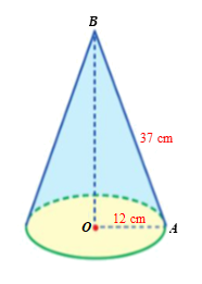 Cho tam giác OAB vuông tại O có AB = 37 cm, OA = 12 cm. Tính diện tích xung quanh và thể tích của hình tạo thành khi quay tam giác OAB một vòng quanh cạnh OB. (ảnh 1)