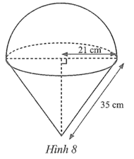 Một vật thể đặc gồm một phần dạng nửa hình cầu và một phần dạng hình nón với các số đo như Hình 8. Tính thể tích và diện tích bề mặt của vật thể này (kết quả làm tròn đến hàng đơn vị của xăngtimét khối, xăngtimét vuông). (ảnh 1)