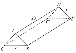 Một hành lang giữa hai nhà có hình dạng một lăng trụ đứng (xem hình bên). Hai mặt bên ABB'A' và ACC'A' là hai tấm kính hình chữ nhật dài 20 m, rộng 5 m. Gọi x (m) là độ dài của cạnh BC. (ảnh 1)