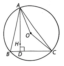 Cho tam giác ABC nội tiếp đường tròn (O). Gọi H là trực tâm của tam giác ABC. Chứng minh rằng \(\widehat {BAH} = \widehat {OAC}.\) (ảnh 1)