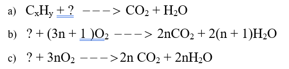 Hoàn thành các phương trình hoá học sau: a)	CxHy + ?    CO2 + H2O b)	? + (3n + 1 )O2   2nCO2 + 2(n + 1)H2O c)	? + 3nO2  2n CO2 + 2nH2O (ảnh 1)