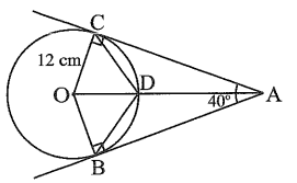 Từ điểm A nằm ngoài đường tròn (O; 12 cm) vẽ hai tiếp tuyến của (O) tại B, C. Đoạn thẳng OA cắt (O) tại D. Cho biết BAC = 40o Tính: a) Số đo ODC (ảnh 1)