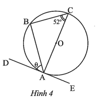 Cho biết DE là tiếp tuyến của đường tròn trong Hình 4.  Số đo θ của góc BAD trong hình là  A. 28°.  B. 52°.  C. 56°.  D. 26°. (ảnh 1)