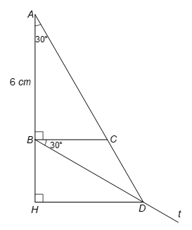 Cho tam giác ABC vuông tại B có góc A = 30o, Ab = 2cm Vẽ tia Bt sao cho tBC = 30o cắt tia AC ở D (C nằm giữa A và D).  a) Chứng minh tam giác ABD cân tại B.  b) Tính khoảng cách từ D đến đường thẳng AB. (ảnh 1)