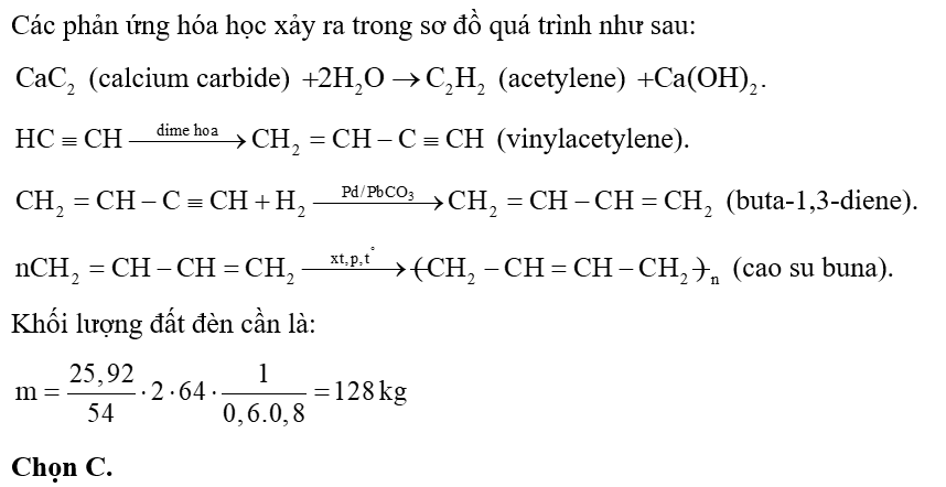 Cho sơ đồ phản ứng tổng hợp cao su buna từ đất đèn với hiệu suất của cả quá trình đạt 60%:Để điều chế được 25,92kg cao su buna cần bao nhiêu kg đất đèn, biết đất đèn chứa 80% calcium carbide? (ảnh 1)