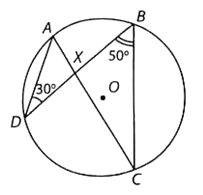 Cho đường tròn (O) và hai dây cung AC, BD cắt nhau tại X như hình bên. Tính số đo của góc AXB, biết rằng góc ADB = 30độ và \góc DCB = 50 độ (ảnh 1)