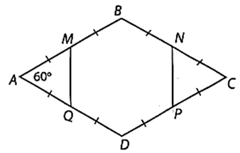 Cho hình thoi ABCD có góc A = 60 độ) Gọi M, N, P, Q lần lượt là trung điểm của AB, BC, CD, DA. Chứng minh rằng MBNPDQ là lục giác đều. (ảnh 1)