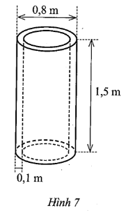 Bác An cần đúc một ống cống thoát nước bằng bê tông có dạng hình trụ rỗng với đường kính đường tròn đáy ngoài là 0,8 m, chiều dài ống là 1,5 m và bề dày là 0,1 m (Hình 7). (ảnh 1)