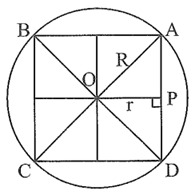 Cho hình vuông ABCD cạnh a có O là giao điểm của hai đường chéo. Chứng minh có đường tròn (O; R) đi qua các đỉnh của hình vuông và có đường tròn (O; r) tiếp xúc với các cạnh của hình vuông. Tính theo a bán kính R và r.  (ảnh 1)