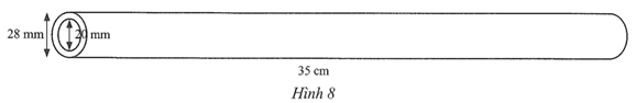 Một ống kim loại dạng hình trụ có chiều dài 35 cm, đường kính đáy bên trong và bên ngoài của ống lần lượt là 20 mm và 28 mm (Hình 8). Tính thể tích (ảnh 1)