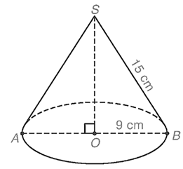 Cho hình nón có bán kính đáy bằng 9 cm, độ dài đường sinh bằng 15 cm.  a) Tính diện tích xung quanh của hình nón. (ảnh 1)