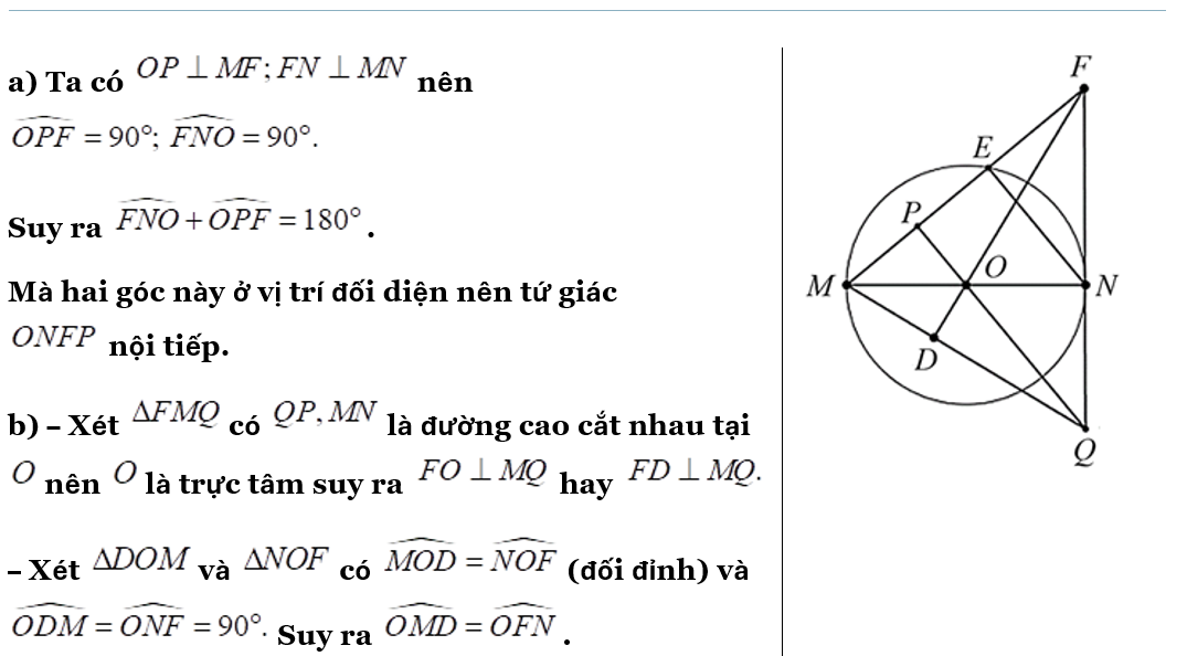 Cho đường tròn (O, R) có đường kính MN Gọi đường thẳng d là tiếp tuyến của đường tròn O tại điểm N. Lấy điểm E di động trên đường tròn (ảnh 1)