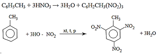 2,4,6-trinitrotoluene được dùng để sản xuất thuốc nổ TNT. (a) Viết phương trình hoá học của phản ứng điều chế 2,4,6-trinitrotoluene từ toluene và nitric acid (xúc tác sulfuric acid đặc). (b) Từ 1 tấn toluene có thể điều chế được bao nhiêu kg 2,4,6-trinitrotoluene, biết hiệu suất của phản ứng là 62%? (ảnh 1)