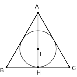 Cho tam giác đều ABC ngoại tiếp đường tròn (I). Tính độ dài các cạnh của tam giác ABC biết rằng bán kính của (I) bằng 1 cm. (ảnh 1)
