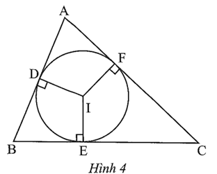 Cho tam giác ABC ngoại tiếp đường tròn (I; r); D, E, F lần lượt là các tiếp điểm của cạnh AB, BC, AC với đường tròn (I; r) (Hình 4).  a) Ba đường trung trực của tam giác ABC cắt nhau tại I.  b) AD = AF  c) BD + CF = BC.  d) IE = r. (ảnh 1)