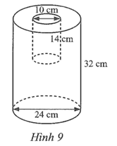 Từ một hình trụ có đường kính đáy 24 cm và chiều cao 32 cm, người ta khoét bỏ một hình trụ có đường kính đáy 10 cm và chiều cao 14 cm (Hình 9). (ảnh 1)