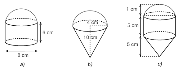 Các hình dưới đây được tạo thành từ các nửa hình cầu, hình trụ và hình nón (có cùng bán kính đáy). Tính thể tích của các hình đó theo kích thước đã cho. (ảnh 1)