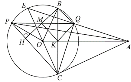 Từ điểm A nằm bên ngoài đường tròn (O. R) kẻ hai tiếp tuyến AB, AC với đường tròn B, C là các tiếp điểm AO cắt BC tại K (ảnh 1)