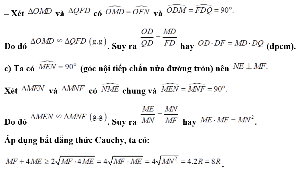 Cho đường tròn (O, R) có đường kính MN Gọi đường thẳng d là tiếp tuyến của đường tròn O tại điểm N. Lấy điểm E di động trên đường tròn (ảnh 2)