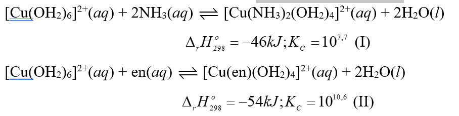 Cho hai quá trình sau:  Trong đó, en là ethylenediamine. Phân tử này đã dùng tất cả các cặp electron hoá trị riêng để tạo liên kết cho - nhận với cation Cu2+. (ảnh 1)