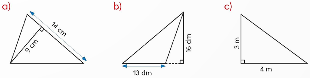 Tính diện tích mỗi hình tam giác sau. (ảnh 1)