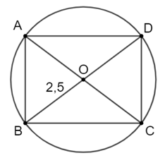 Tính diện tích của một hình chữ nhật, biết rằng hình chữ nhật đó có chiều dài gấp hai lần chiều rộng và bán kính đường tròn ngoại tiếp  bằng 2,5 cm. (ảnh 1)