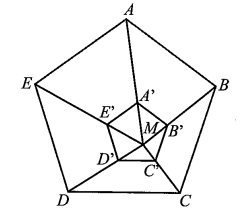 Cho ngũ giác đều ABCDE và một điểm M nằm trong ngũ giác. Gọi A’, B’, C’, D’, E’ lần lượt là các điểm nằm trên các đoạn thẳng MA, MB, MC, MD, ME sao cho (ảnh 1)