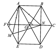 Cho lục giác đều ABCDEF với tâm O thoả mãn phép quay thuận chiều 60° tâm O biến các điểm A, B, C, D, E, F lần lượt thành các điểm B, C, D, E, F, A. Các điểm M, N lần lượt là trung điểm của EF, BD. (ảnh 1)
