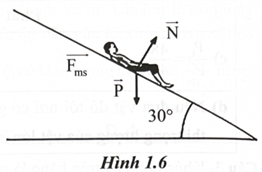 Một cậu bé có khối lượng 38 kg trượt xuống một máng trượt trong công viên nước. Máng trượt nghiêng so với phương ngang một góc 30°. Hình 1.6 biểu diễn các lực tác dụng vào cậu bé trong quá trình trượt, gồm: trọng lực (ảnh 1)