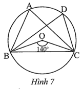 Cho bốn điểm A, B, C, D trên đường tròn (O) như Hình 7.  a) góc BOC là góc nội tiếp chắn cung  của đường tròn (O).  b) góc OBC = 40o (ảnh 1)